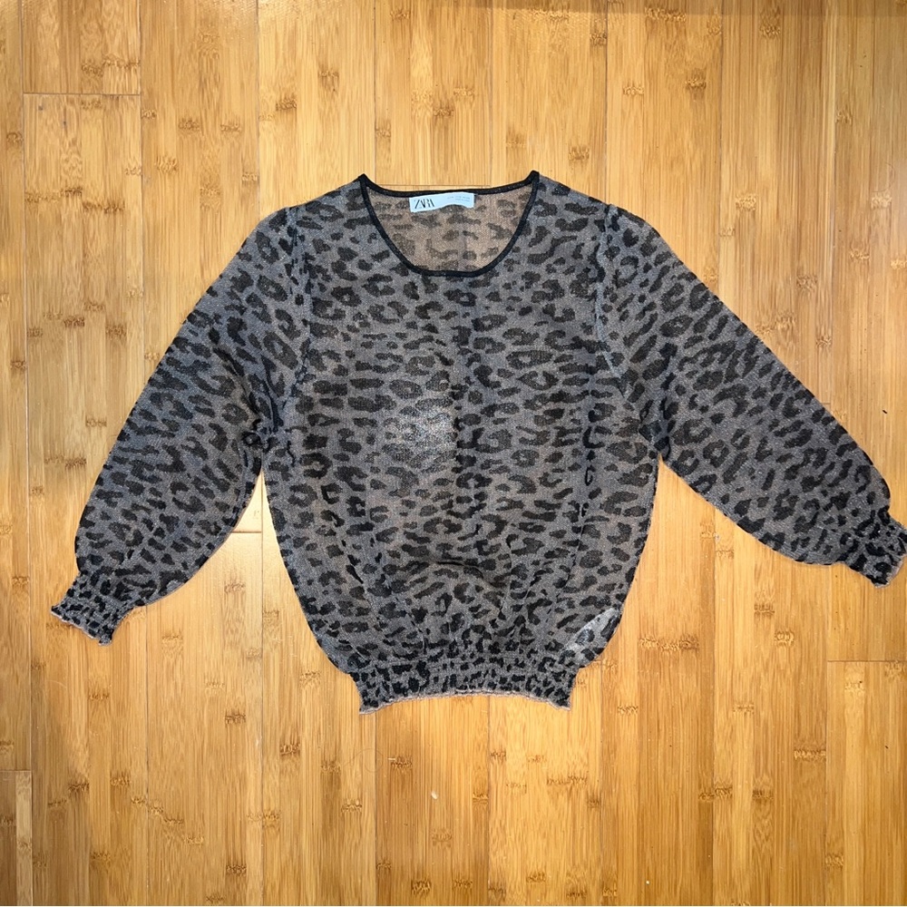 Zara cheetah print mesh puff sleeve blouse Size S